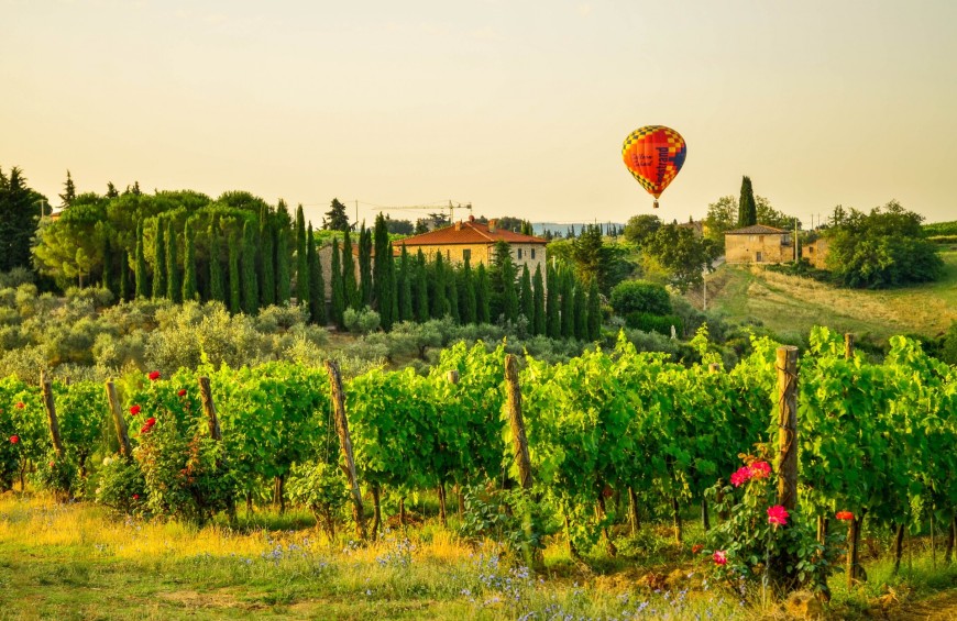 Flying in hot air balloon in the skies of San Gimignano